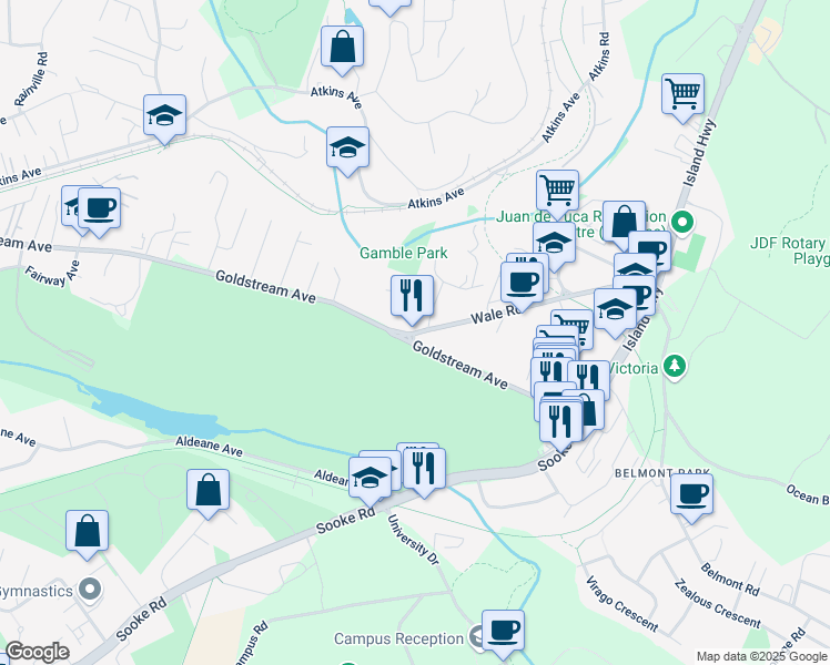 map of restaurants, bars, coffee shops, grocery stores, and more near 330 Wale Road in Victoria