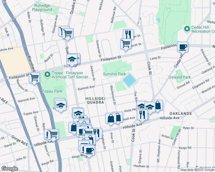 map of restaurants, bars, coffee shops, grocery stores, and more near 1135 Summit Avenue in Victoria