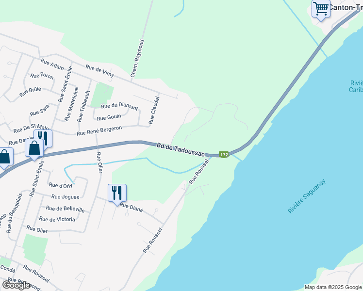 map of restaurants, bars, coffee shops, grocery stores, and more near 1104 Boulevard de Tadoussac in Saguenay