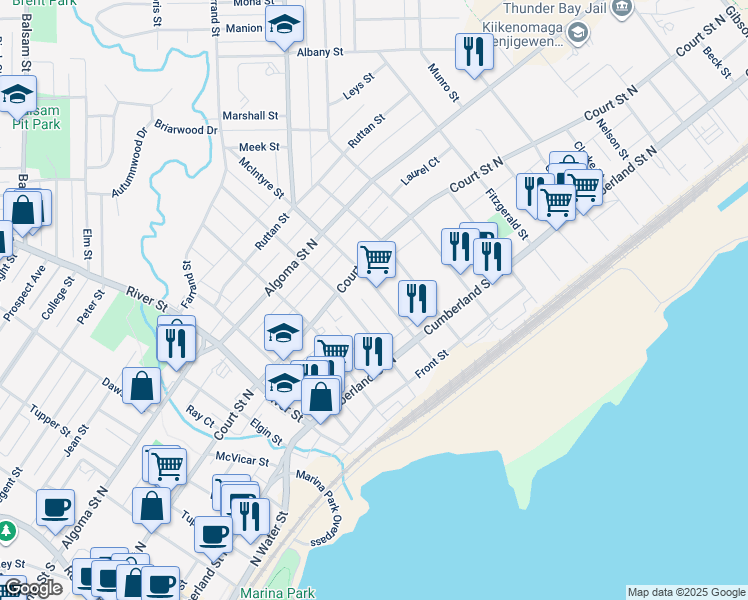 map of restaurants, bars, coffee shops, grocery stores, and more near 242 Van Horne Street in Thunder Bay