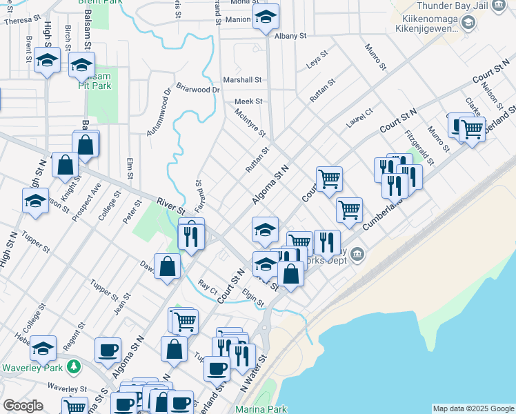 map of restaurants, bars, coffee shops, grocery stores, and more near 249 Algoma Street North in Thunder Bay