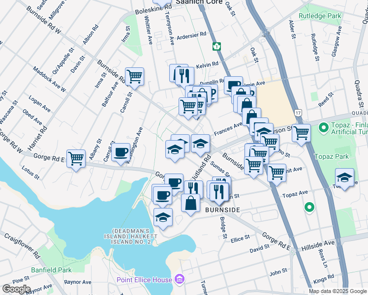 map of restaurants, bars, coffee shops, grocery stores, and more near 492 Cecelia Road in Victoria