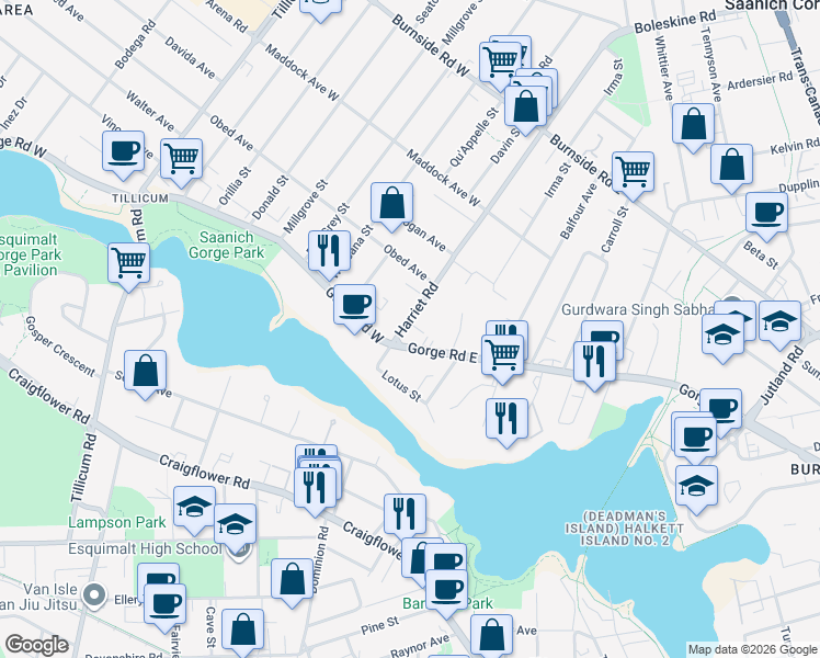 map of restaurants, bars, coffee shops, grocery stores, and more near 4 Gorge Road East in Victoria