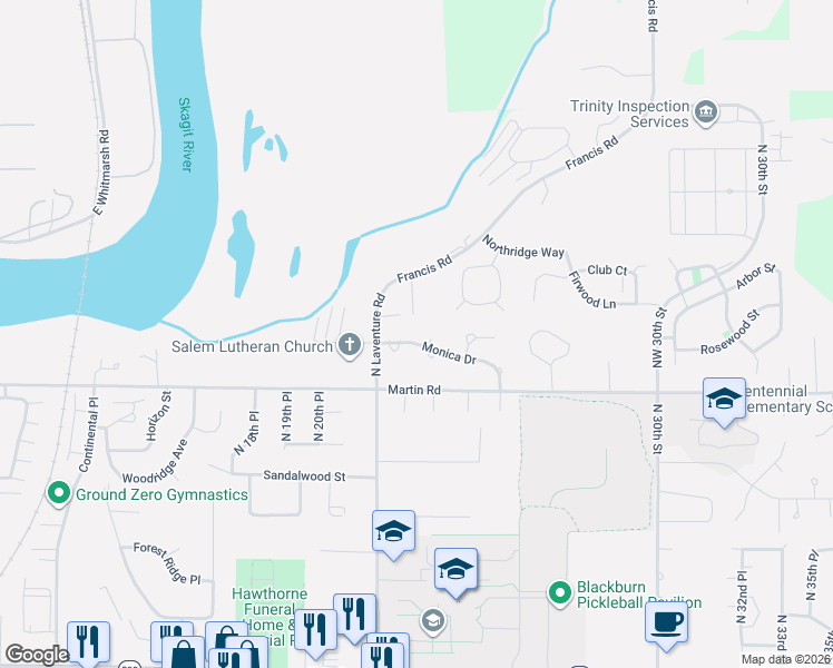 map of restaurants, bars, coffee shops, grocery stores, and more near 2302 Monica Drive in Mount Vernon