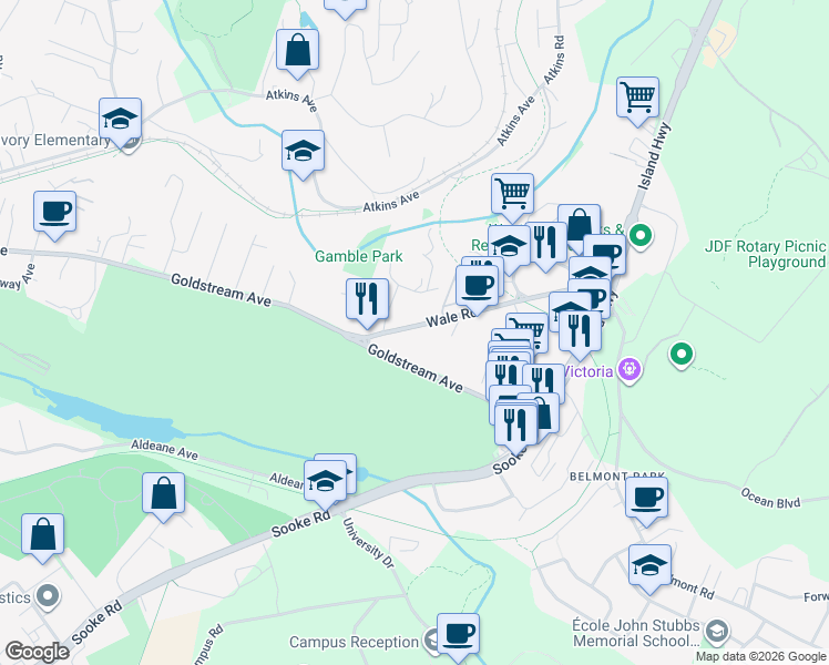 map of restaurants, bars, coffee shops, grocery stores, and more near 379 Wale Road in Victoria