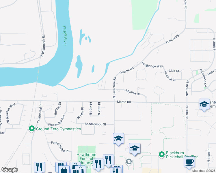map of restaurants, bars, coffee shops, grocery stores, and more near 2619 North Laventure Road in Mount Vernon
