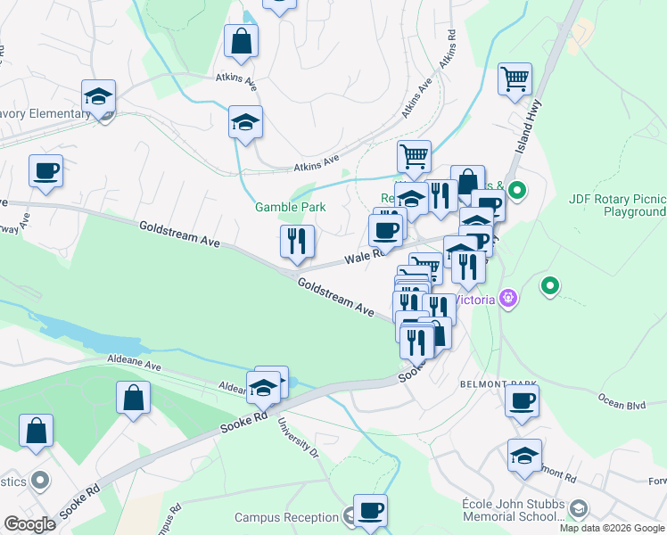 map of restaurants, bars, coffee shops, grocery stores, and more near 379 Wale Road in Victoria