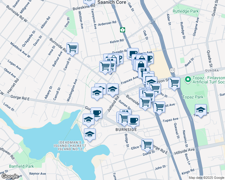 map of restaurants, bars, coffee shops, grocery stores, and more near 493 Burnside Road East in Victoria