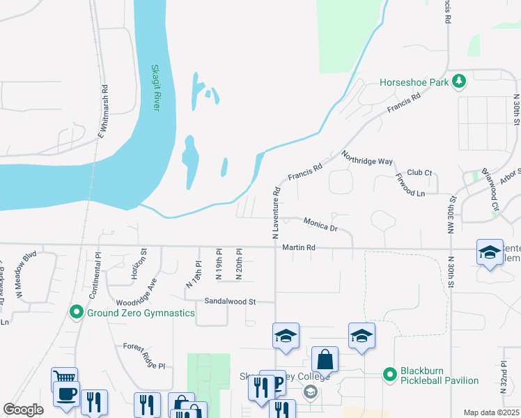 map of restaurants, bars, coffee shops, grocery stores, and more near 2619 North Laventure Road in Mount Vernon