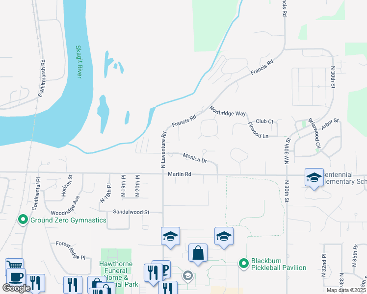 map of restaurants, bars, coffee shops, grocery stores, and more near 2305 Monica Drive in Mount Vernon