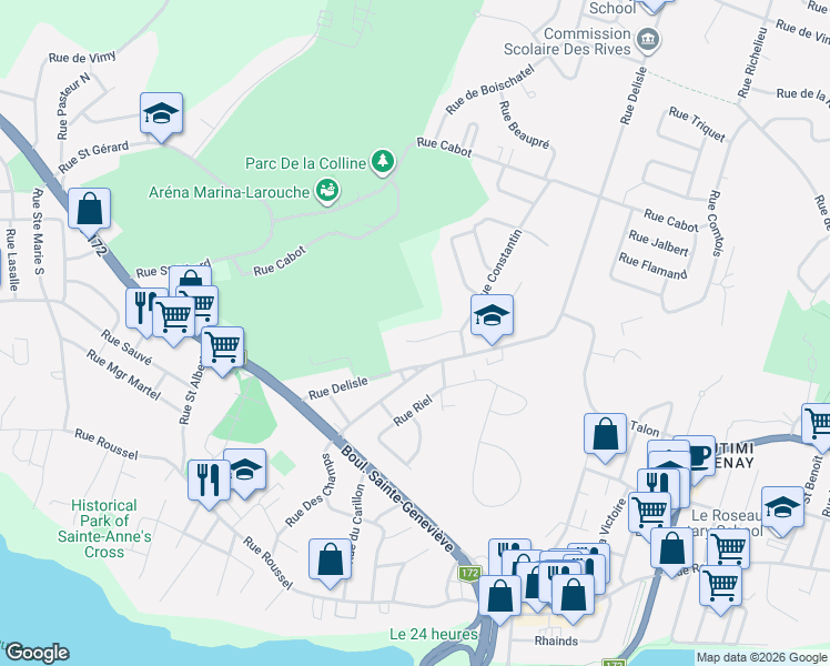 map of restaurants, bars, coffee shops, grocery stores, and more near 136 Casault in Saguenay