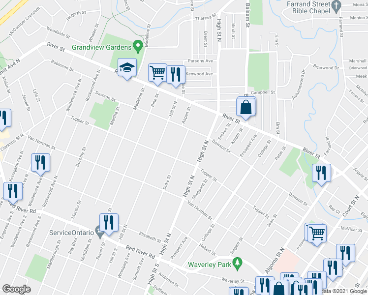 map of restaurants, bars, coffee shops, grocery stores, and more near 181 Duke Street in Thunder Bay