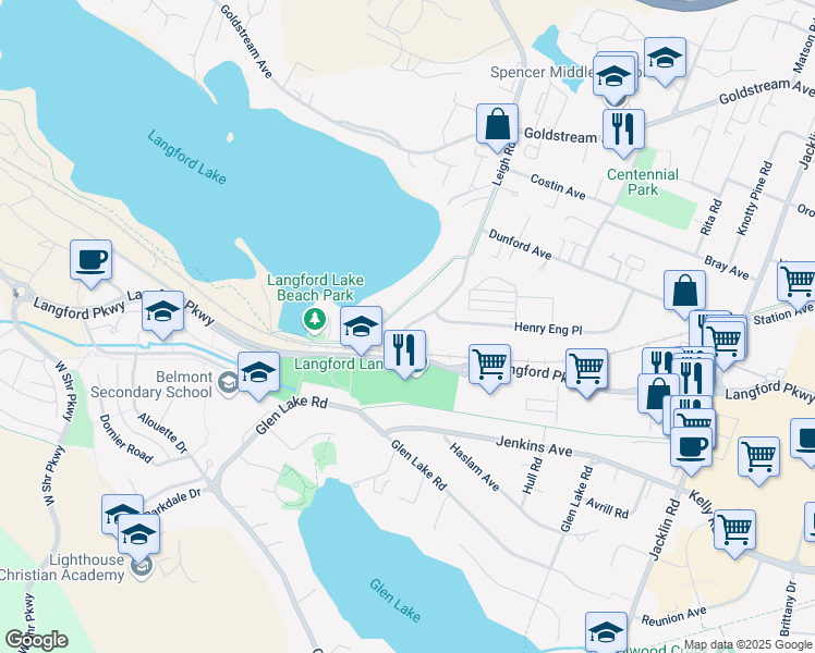 map of restaurants, bars, coffee shops, grocery stores, and more near 3018 Leigh Road in Victoria
