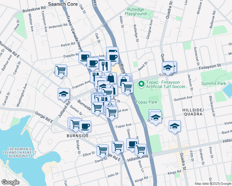 map of restaurants, bars, coffee shops, grocery stores, and more near 3020 Blanshard Street in Victoria
