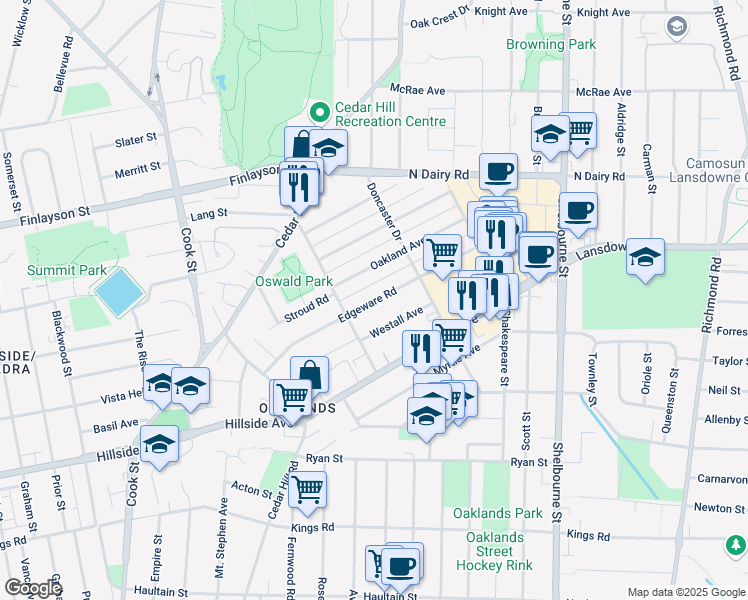 map of restaurants, bars, coffee shops, grocery stores, and more near Edgeware Road in Victoria