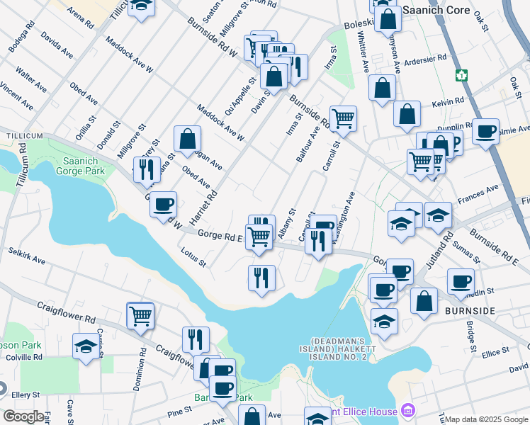 map of restaurants, bars, coffee shops, grocery stores, and more near 3032 Balfour Avenue in Victoria