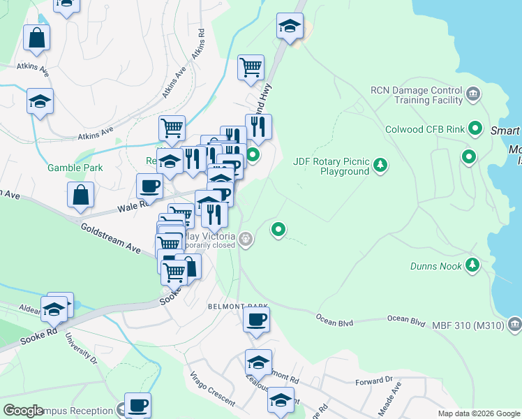 map of restaurants, bars, coffee shops, grocery stores, and more near 1767 Island Highway in Victoria