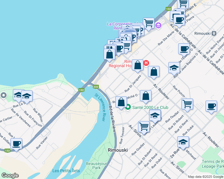 map of restaurants, bars, coffee shops, grocery stores, and more near 140 Rue Drapeau in Rimouski