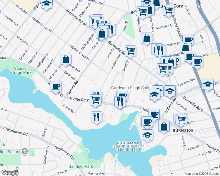 map of restaurants, bars, coffee shops, grocery stores, and more near Albany Street in Victoria