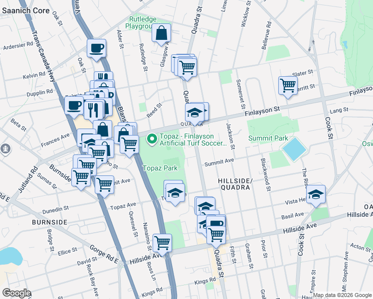 map of restaurants, bars, coffee shops, grocery stores, and more near 3024 Quadra Street in Victoria