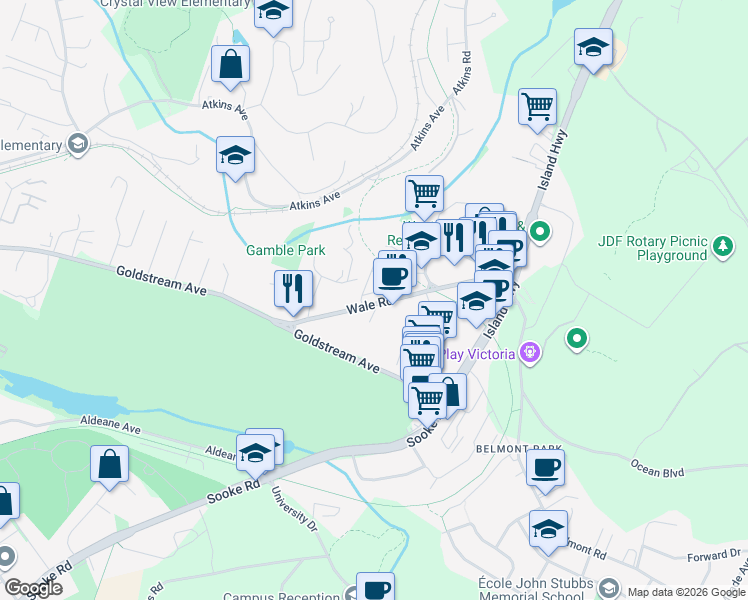 map of restaurants, bars, coffee shops, grocery stores, and more near 360 Wale Road in Victoria