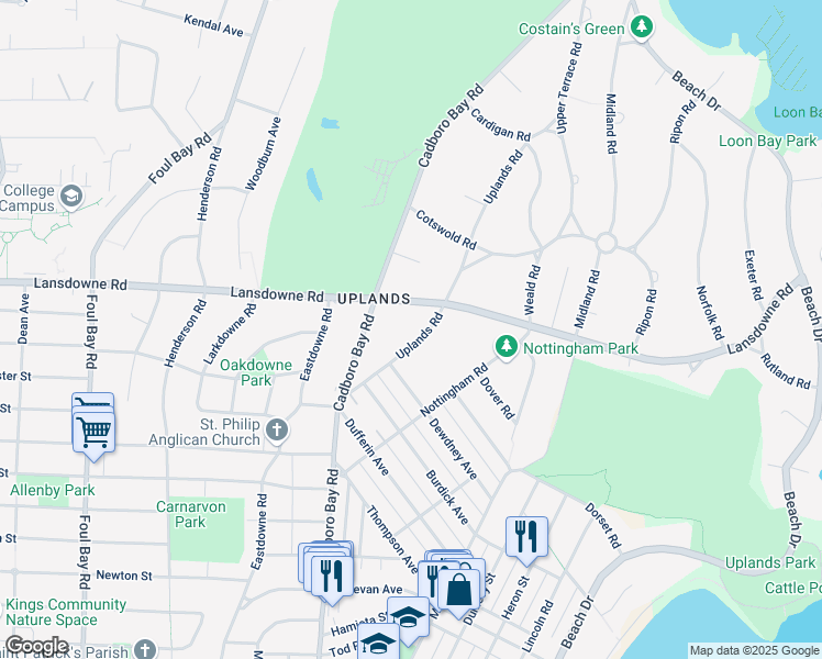 map of restaurants, bars, coffee shops, grocery stores, and more near 3070 Uplands Road in Victoria