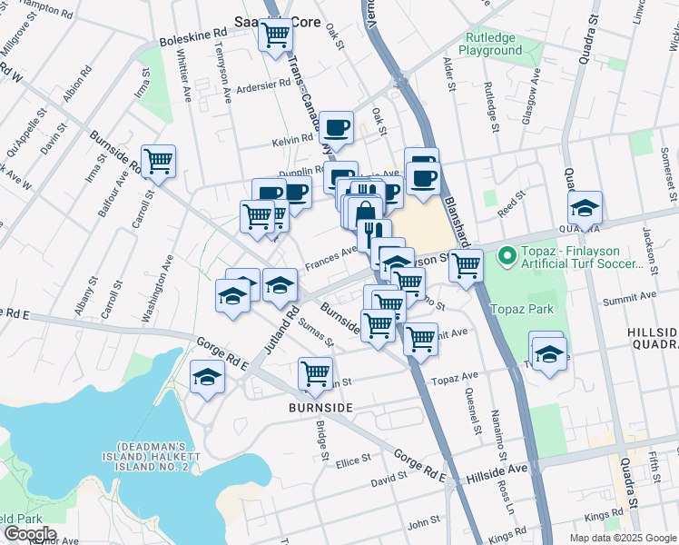 map of restaurants, bars, coffee shops, grocery stores, and more near 620 Finlayson Street in Victoria