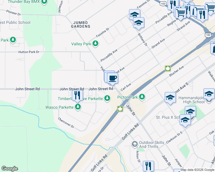 map of restaurants, bars, coffee shops, grocery stores, and more near 1128 John Street Road in Thunder Bay