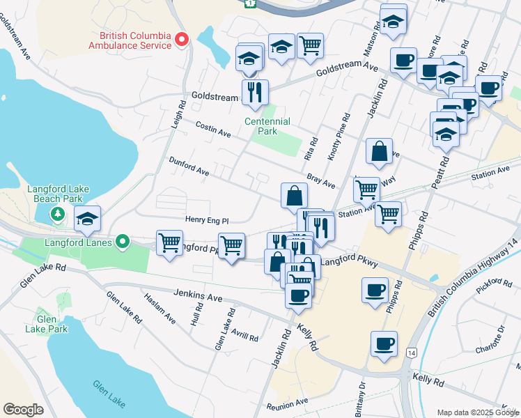 map of restaurants, bars, coffee shops, grocery stores, and more near 960 Dunford Avenue in Victoria
