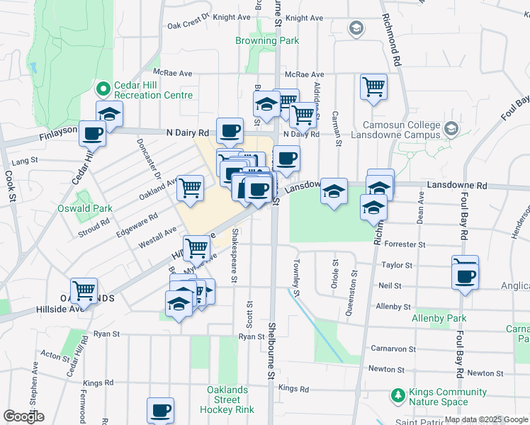 map of restaurants, bars, coffee shops, grocery stores, and more near 1644 Hillside Avenue in Victoria