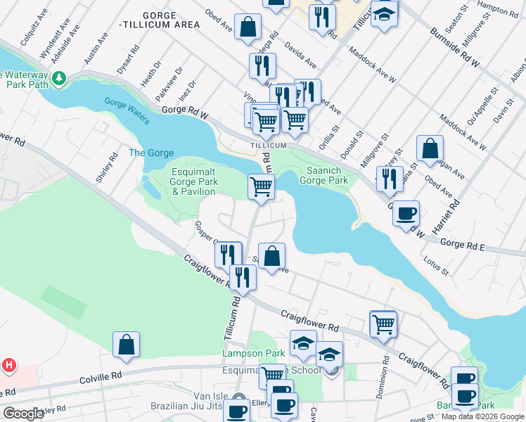 map of restaurants, bars, coffee shops, grocery stores, and more near 1085 Tillicum Road in Victoria