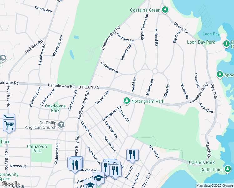 map of restaurants, bars, coffee shops, grocery stores, and more near 2545 Lansdowne Road in Victoria