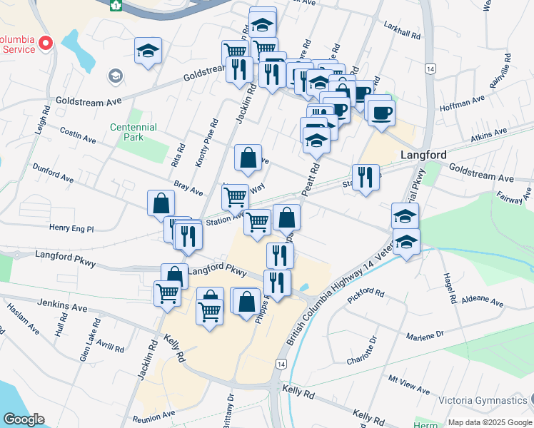 map of restaurants, bars, coffee shops, grocery stores, and more near 849 Station Avenue in Victoria
