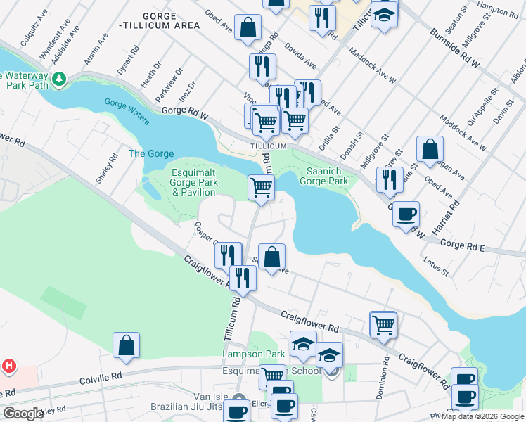 map of restaurants, bars, coffee shops, grocery stores, and more near 1085 Tillicum Road in Victoria