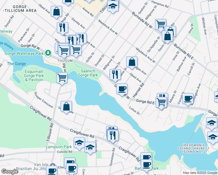 map of restaurants, bars, coffee shops, grocery stores, and more near 81 British Columbia 1A in Victoria