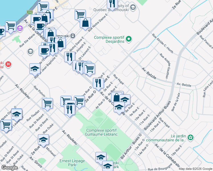 map of restaurants, bars, coffee shops, grocery stores, and more near 24 3e Rue Est in Rimouski