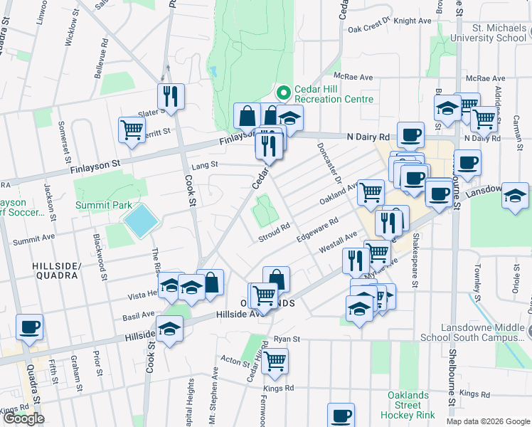 map of restaurants, bars, coffee shops, grocery stores, and more near 3031 Cedar Hill Road in Victoria