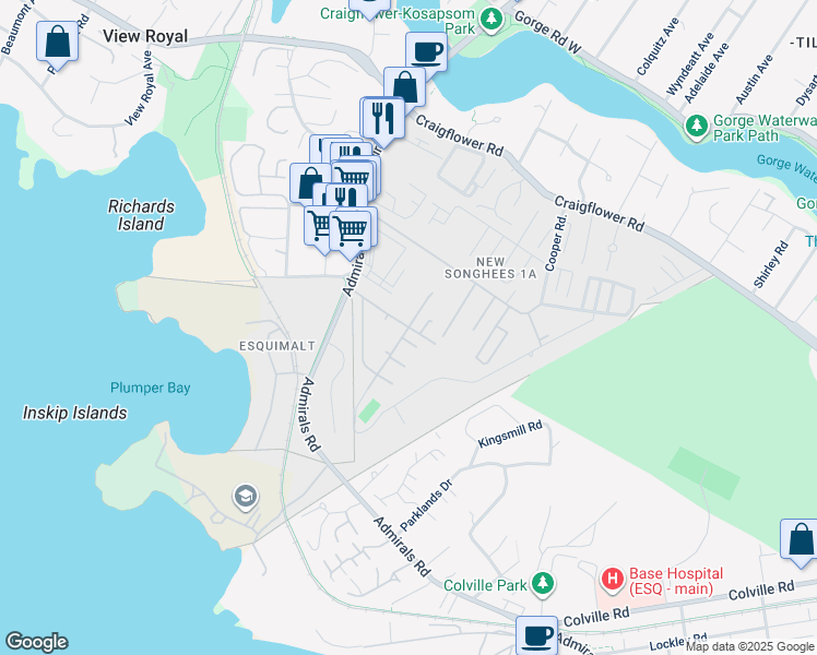 map of restaurants, bars, coffee shops, grocery stores, and more near Camas Lane in Victoria