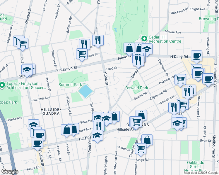 map of restaurants, bars, coffee shops, grocery stores, and more near 1405 Mallek Crescent in Victoria