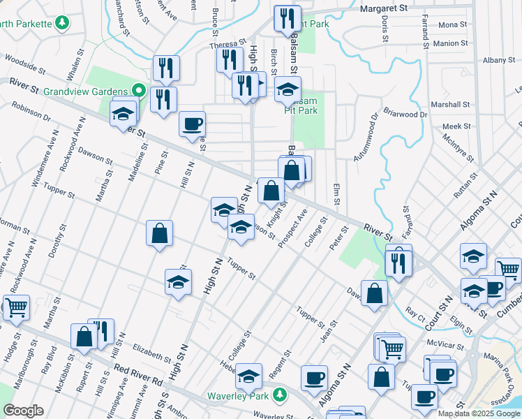 map of restaurants, bars, coffee shops, grocery stores, and more near 19 Stokes Street in Thunder Bay