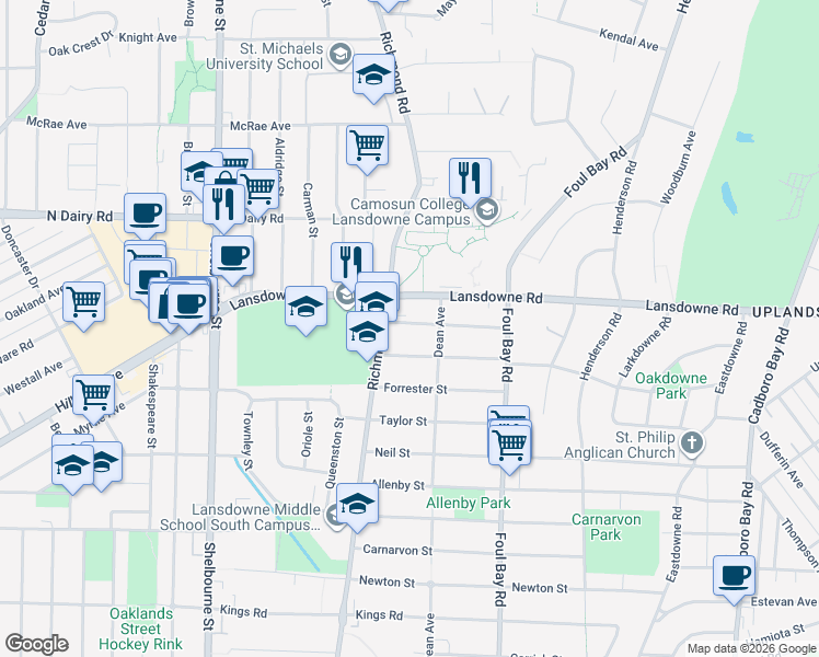 map of restaurants, bars, coffee shops, grocery stores, and more near 1875 Watson Street in Victoria