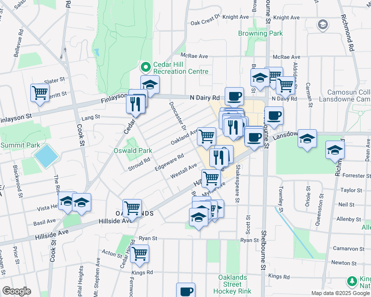map of restaurants, bars, coffee shops, grocery stores, and more near in Victoria