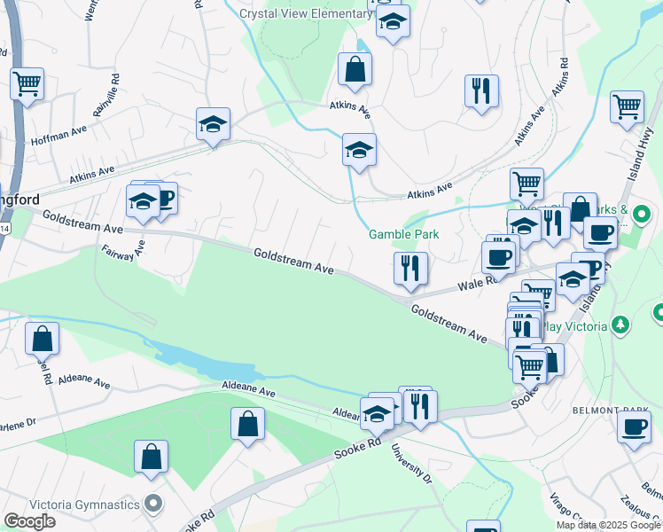 map of restaurants, bars, coffee shops, grocery stores, and more near 468 Goldstream Avenue in Victoria