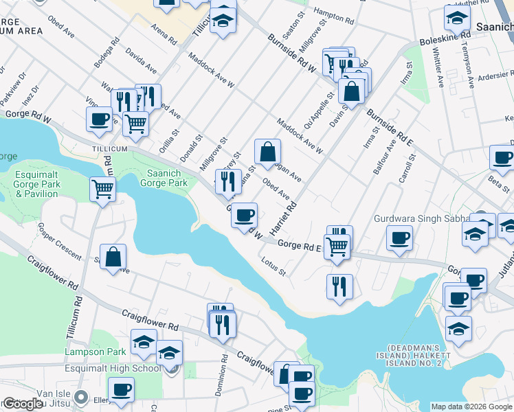 map of restaurants, bars, coffee shops, grocery stores, and more near 2947 Qu'Appelle Street in Victoria