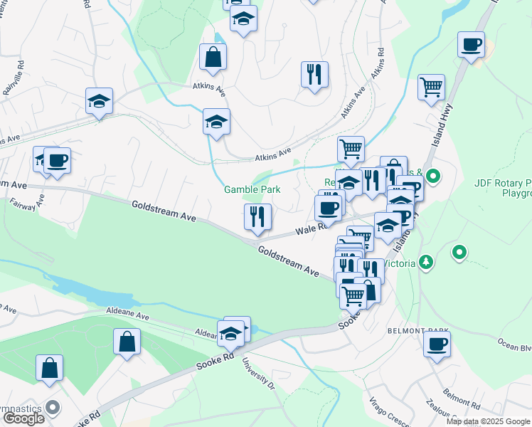 map of restaurants, bars, coffee shops, grocery stores, and more near 406 Gamble Place in Victoria