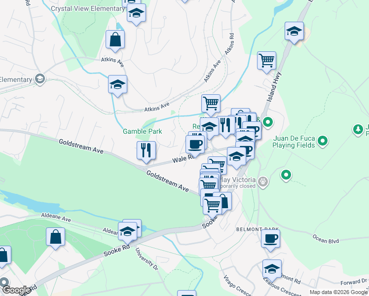 map of restaurants, bars, coffee shops, grocery stores, and more near 360 Wale Road in Victoria