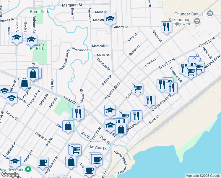 map of restaurants, bars, coffee shops, grocery stores, and more near 286 Algoma Street North in Thunder Bay