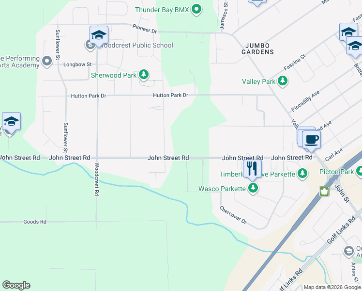 map of restaurants, bars, coffee shops, grocery stores, and more near 1372 John Street Road in Thunder Bay