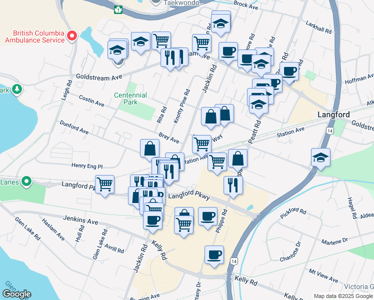 map of restaurants, bars, coffee shops, grocery stores, and more near 2885 Jacklin Road in Victoria