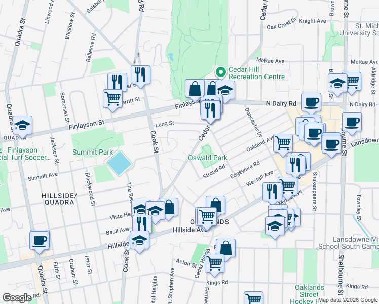 map of restaurants, bars, coffee shops, grocery stores, and more near 3006 Cedar Hill Road in Victoria